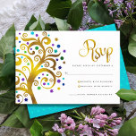 Bat Mitzvah Modern Gold Foil Blue Tree of Life RSVP Kaartje<br><div class="desc">Wees trots, blij en toon deze mijlpaal van je favoriete Bat Mitzvah! Neem deze grafische faux gouden folieboom met dunne turquoise, blauwgroen, paarse en blauwe ster van David en puntige "bladeren" op een witte achtergrond, gepersonaliseerde RSVP-invoegkaart voor uw evenement. Een kleine, lichtturquoise blauwe ster van David patroon die blauwgroen blauw...</div>