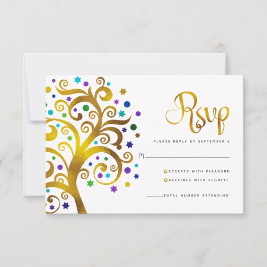 Bat Mitzvah Modern Gold Foil Blue Tree of Life RSVP Kaartje (Voorkant)