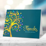 Bat Mitzvah Modern Gold Foil Tree on Blauwgroen Bedankkaart<br><div class="desc">Zorg ervoor dat je favoriete Bat Mitzvah haar waardering show aan iedereen die haar mijlpaalevenement heeft ondersteund! Stuur deze verfijnde, gepersonaliseerde bedankkaart! Deze grafische faux gouden folie met fonkelend turquoise, blauwgroen, paarsste blauwgroen en blauwe davidster en stip "bladeren" bedekt een rijke, donkerblauwe achtergrond. Personaliseer de aangepaste tekst met de naam...</div>