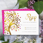 Bat Mitzvah Modern Gold Red Folie Tree of Life RSVP Kaartje<br><div class="desc">Wees trots, blij en toon deze mijlpaal van je favoriete Bat Mitzvah! Omvat deze grafische faux gouden folieboom met dunne roze, oranje, en rode Ster van David en punt "bladeren" op een witte achtergrond, gepersonaliseerde RSVP tussenvoegselkaart voor uw gebeurtenis. Een kleine, donkerrode ster van David-patroon met een warm roze is...</div>