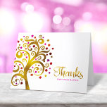 Bat Mitzvah Modern Gold Red Pink Folie Tree of Lif Bedankkaart<br><div class="desc">Zorg ervoor dat je favoriete Bat Mitzvah haar waardering show aan iedereen die haar mijlpaal steunde! Verstuur dit met deze geavanceerde, persoonlijke dankjewel! Deze grafische faux gouden folie boom met dunne roze, oranje en rode ster van David en puntje "bladeren" bedekt een witte achtergrond. Pas de douanetekst met de naam...</div>