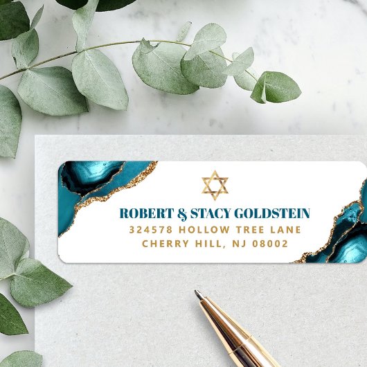 Bat Mitzvah Modern Goud Turquoise Agaat Adres Etiket