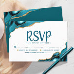 Bat Mitzvah Modern Goud Turquoise Agaat Script RSVP Kaartje<br><div class="desc">Wees trots, verheug je en vier deze mijlpaal van je favoriete Bat Mitzvah met deze coole, unieke, moderne, gepersonaliseerde RSVP-insteekkaart voor je evenement! Donker blauwgroen scripttypografie bedekt een eenvoudige, strakke witte achtergrond met turquoise blauwe agaatstenen geaccentueerd met faux gouden aders. Personaliseer de aangepaste tekst met de "antwoorddatum". Gegarandeerd om stijlvol...</div>