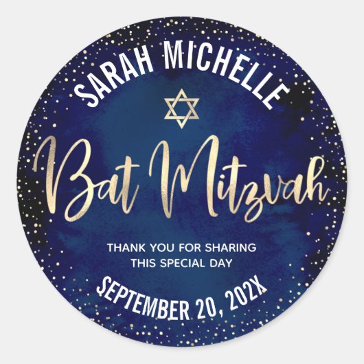 Bat Mitzvah Modern Navy Blauw Goud Glitter Script Ronde Sticker (Voorkant)