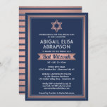 Bat Mitzvah Modern Navy Blue Roze Rose Gold Trendy Kaart<br><div class="desc">Nodig familie en vrienden uit voor een elegante vleermuismitswa ceremonie en viering met een stijlvolle aangepaste marine blauw, wit en roze roségoud uitnodiging. Alle tekst op deze sjabloon is eenvoudig aan te passen met elke formulering met betrekking tot de service, Torah-lezing en partij. Het ontwerp is voorzien van trendy faux...</div>