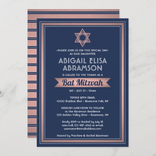 Bat Mitzvah Modern Navy Blue Roze Rose Gold Trendy Kaart (Voorkant / Achterkant)