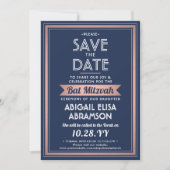 Bat Mitzvah Modern Navy Blue Roze Rose Gold Trendy Save The Date (Voorkant)