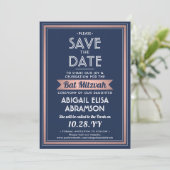 Bat Mitzvah Modern Navy Blue Roze Rose Gold Trendy Save The Date (Staand voorkant)