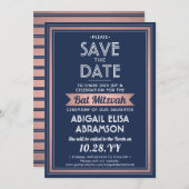 Bat Mitzvah Modern Navy Blue Roze Rose Gold Trendy Save The Date (Voorkant / Achterkant)