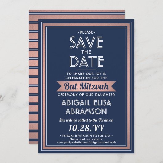 Bat Mitzvah Modern Navy Blue Roze Rose Gold Trendy Save The Date (Voorkant / Achterkant)