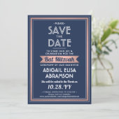Bat Mitzvah Modern Navy Blue Roze Rose Gold Trendy Save The Date (Staand voorkant)
