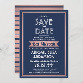 Bat Mitzvah Modern Navy Blue Roze Rose Gold Trendy Save The Date
