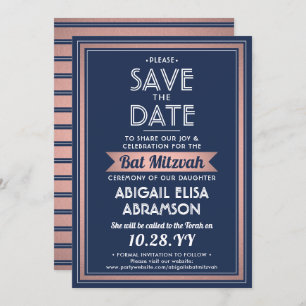 Bat Mitzvah Modern Navy Blue Roze Rose Gold Trendy Save The Date