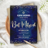 Bat Mitzvah Modern Navy Gold Foil Glitter Script Kaart