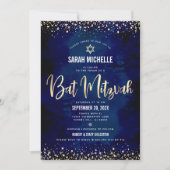 Bat Mitzvah Modern Navy Gold Glitter Folie Script Kaart (Voorkant)