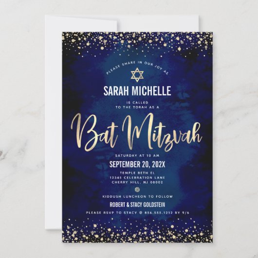 Bat Mitzvah Modern Navy Gold Glitter Folie Script Kaart (Voorkant)