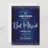 Bat Mitzvah Modern Navy Silver Foil Glitter Script Kaart (Voorkant)