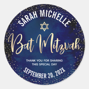 Bat Mitzvah Modern Navyblauw Gouden Glitter Schrif Ronde Sticker