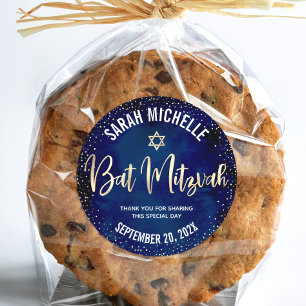 Bat Mitzvah Modern Navyblauw Gouden Glitter Schrif Ronde Sticker