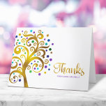 Bat Mitzvah Modern Paars Gold Foil Tree of Life Bedankkaart<br><div class="desc">Zorg ervoor dat je favoriete Bat Mitzvah haar waardering show aan iedereen die haar mijlpaalevenement heeft ondersteund! Stuur deze verfijnde, gepersonaliseerde bedankkaart! Deze grafische faux gouden folie met fonkelend turquoise, blauwgroen, paarse en blauwe davidster en stip "bladeren" bedekt een witte achtergrond. Personaliseer de aangepaste tekst met de naam van uw...</div>