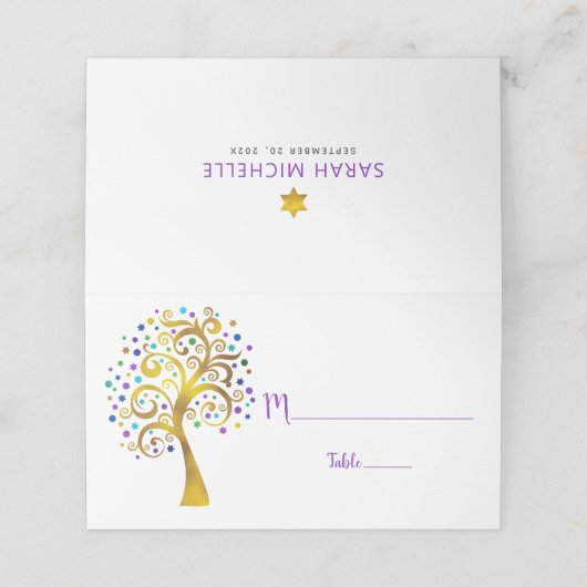 Bat Mitzvah Modern Paars Gold Foil Tree of Life Plaatskaartje (Buitenkant ongevouwen)