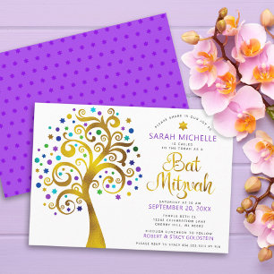 Bat Mitzvah Modern Paarse Goud Folie Boom des Leve Kaart