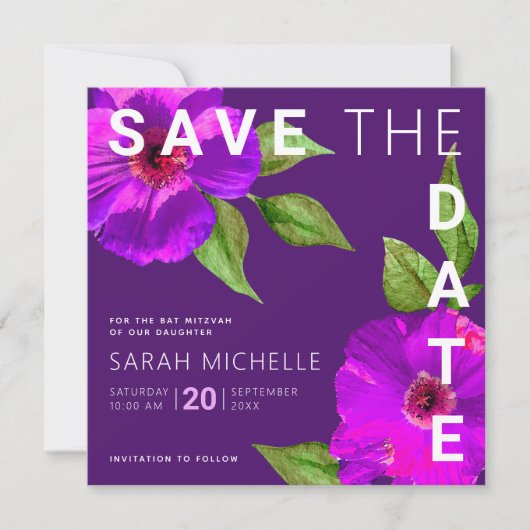 Bat Mitzvah Modern Paarse roze Waterverf Save The Date (Voorkant)