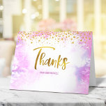 Bat Mitzvah Modern Pink Waterverf Gold Script Bedankkaart<br><div class="desc">Zorg ervoor dat je favoriete Bat Mitzvah haar waardering show aan iedereen die haar mijlpaal steunde! Verstuur dit verbluffende, moderne, dunne, handgeschreven folie handgeschreven script en kleine stippen die een lichtroze waterverf achtergrond bedekken, gepersonaliseerd dank je wel. Op de voorzijde, personaliseer met de naam van uw Bat Mitzvah. Voeg een...</div>