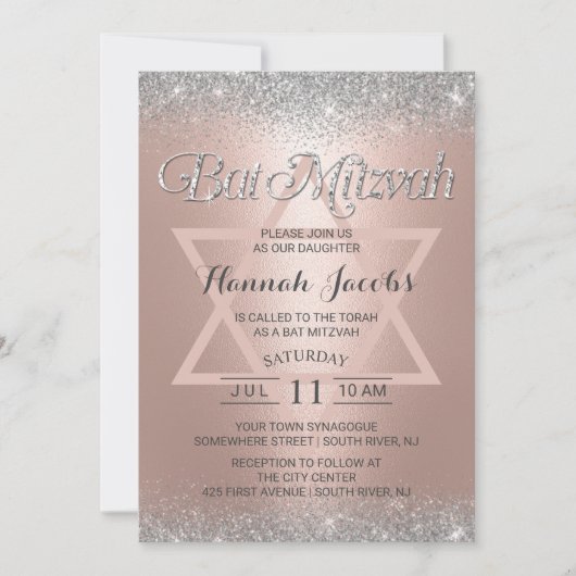 Bat Mitzvah Modern Roos Gold & Silver Glitter Kaart (Voorkant)