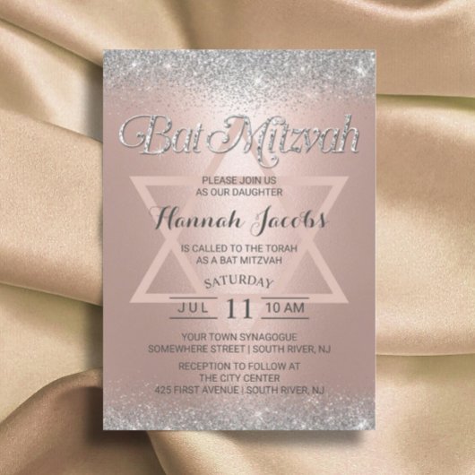 Bat Mitzvah Modern Roos Gold & Silver Glitter Kaart