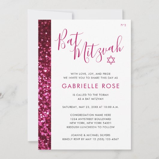 Bat Mitzvah Modern Roze Minimale Glitter Stripe Kaart (Voorkant)