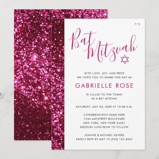 Bat Mitzvah Modern Roze Minimale Glitter Stripe Kaart (Voorkant / Achterkant)