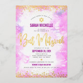 Bat Mitzvah modern roze waterverf girale goud Folie Uitnodiging (Voorkant)