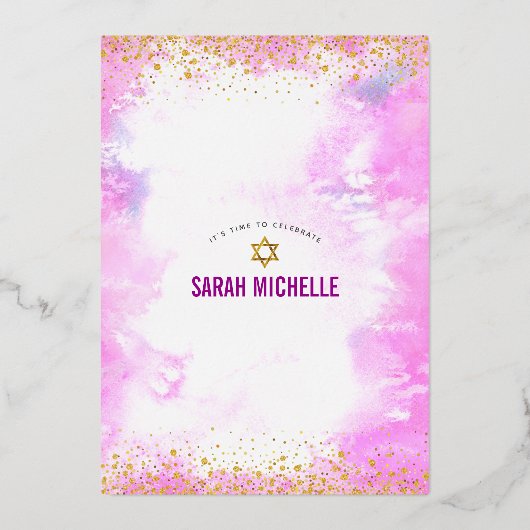 Bat Mitzvah modern roze waterverf girale goud Folie Uitnodiging (Achterkant)