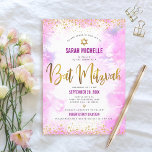 Bat Mitzvah modern roze waterverf goud glitter Kaart<br><div class="desc">Wees trots, blij en toon deze mijlpaal van je favoriete Bat Mitzvah! Verzend dit verbluffende, moderne, dunne gouden faux folie en glitter stippen en typografische manuscript tegen een zacht roze achtergrond van de waterverf, gepersonaliseerde uitnodiging voor een gebeurtenis om zich te herinneren. Pas de douanetekst met de naam, de datum,...</div>