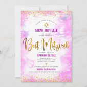 Bat Mitzvah modern roze waterverf goud glitter Kaart (Voorkant)