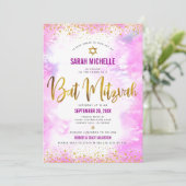 Bat Mitzvah modern roze waterverf goud glitter Kaart (Staand voorkant)