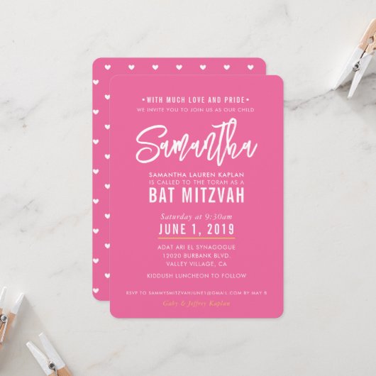 BAT MITZVAH modern roze wit script goud Kaart (Voorkant / Achterkant in situ)