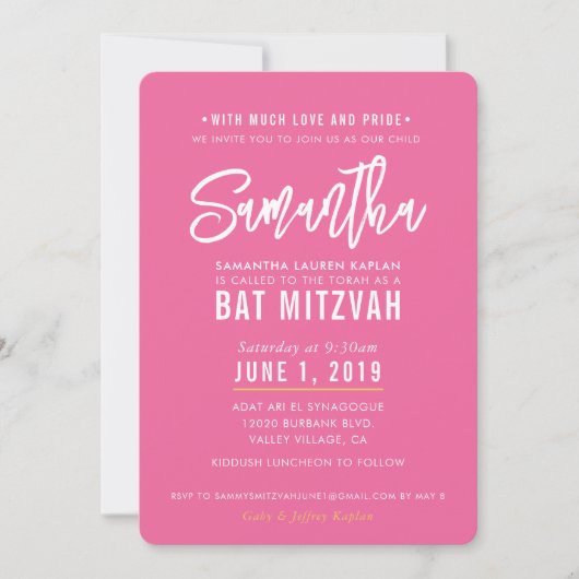BAT MITZVAH modern roze wit script goud Kaart (Voorkant)