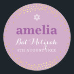 BAT MITZVAH modern rustiek goud confetti paarse Ronde Sticker<br><div class="desc">door kat massard >> kat@simplysweetPAPERIE.com <<< *** OPMERKING - THE SHINY GOLD FOIL EFFECT IS A PRINTED AFBEELDING *** - - - - - - - - - - - - - - - - - - - - - - - - - - - - - - - -...</div>