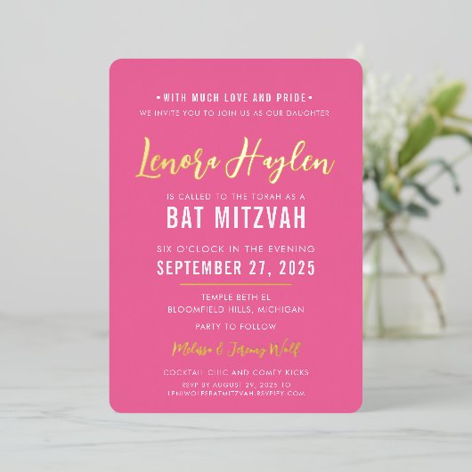 BAT MITZVAH modern script  roze goud Folie Uitnodiging (Staand Voorkant)
