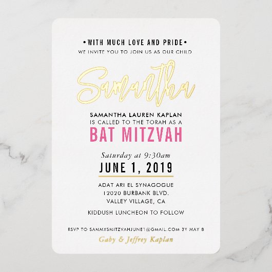 BAT MITZVAH modern script roze goud Folie Uitnodiging (Voorkant)