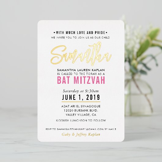 BAT MITZVAH modern script roze goud Folie Uitnodiging (Staand Voorkant)