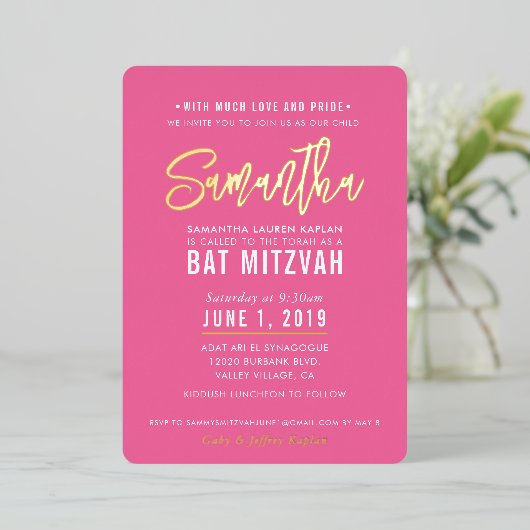 BAT MITZVAH modern script  roze goud Folie Uitnodiging (Staand Voorkant)