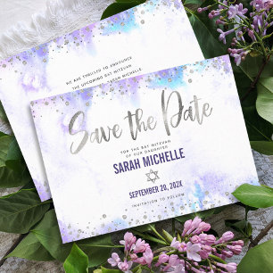 Bat Mitzvah Modern Silver Script Paarse Waterverf Save The Date