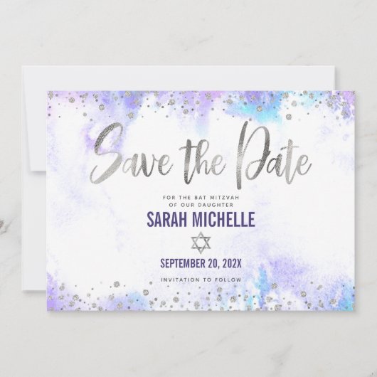 Bat Mitzvah Modern Silver Script Paarse Waterverf Save The Date (Voorkant)