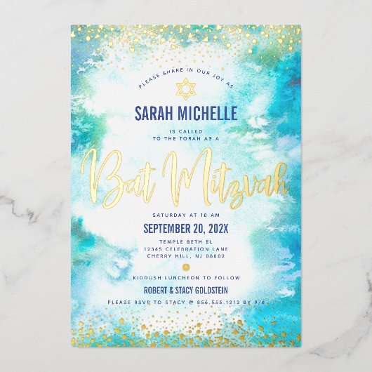 Bat Mitzvah modern turkooise waterverf echt goud Folie Uitnodiging (Voorkant)