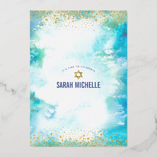 Bat Mitzvah modern turkooise waterverf echt goud Folie Uitnodiging (Achterkant)