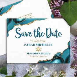 Bat Mitzvah Modern Turquoise Gold Agaat Script Save The Date
