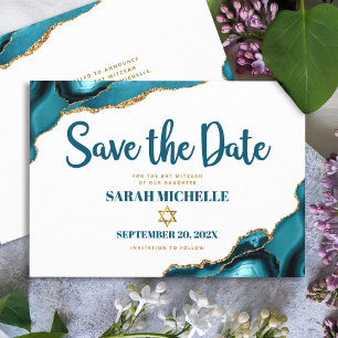 Bat Mitzvah Modern Turquoise Gold Agaat Script Save The Date
